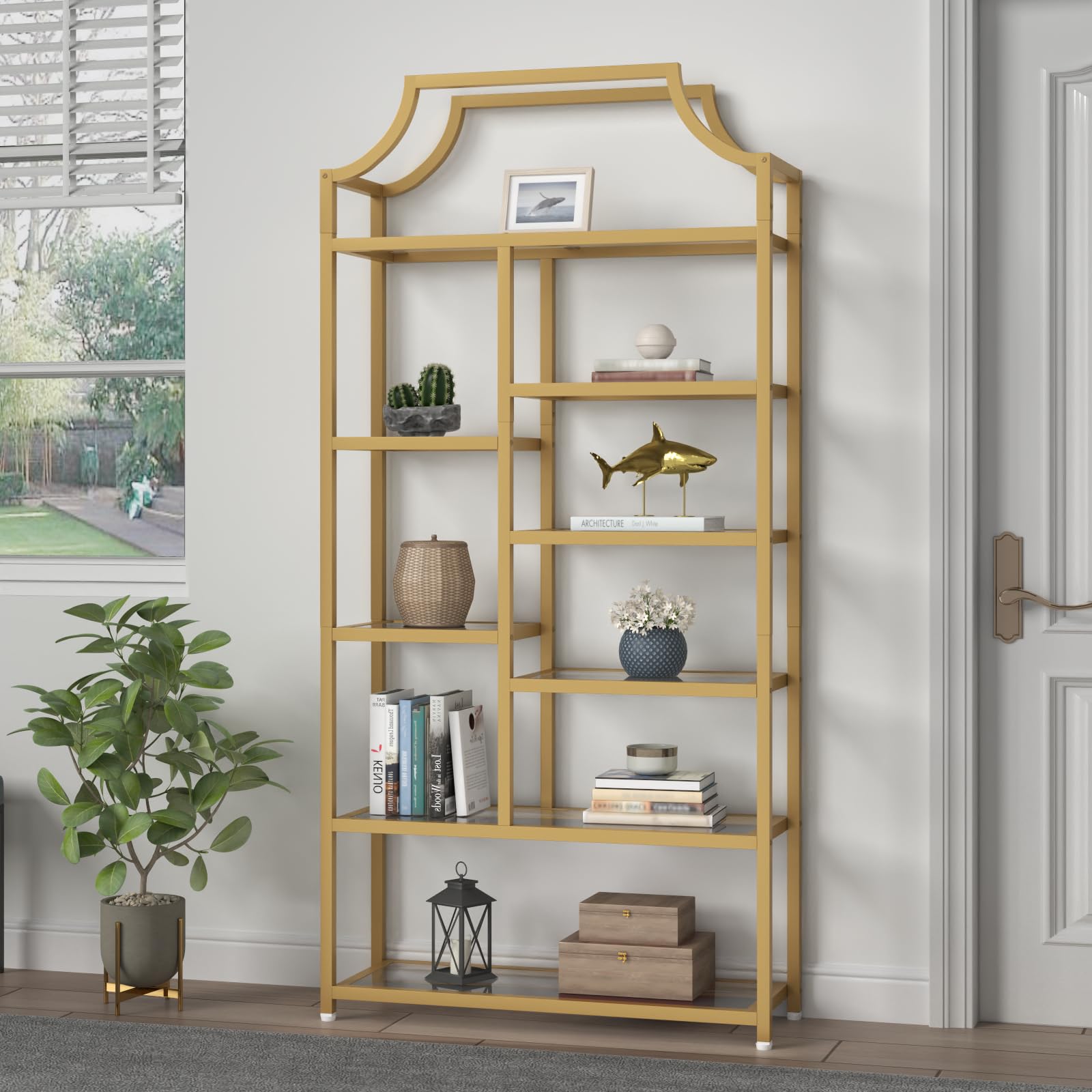 8-Tier Tempered Glass Etagere Bookshelf – Gold Metal Frame
