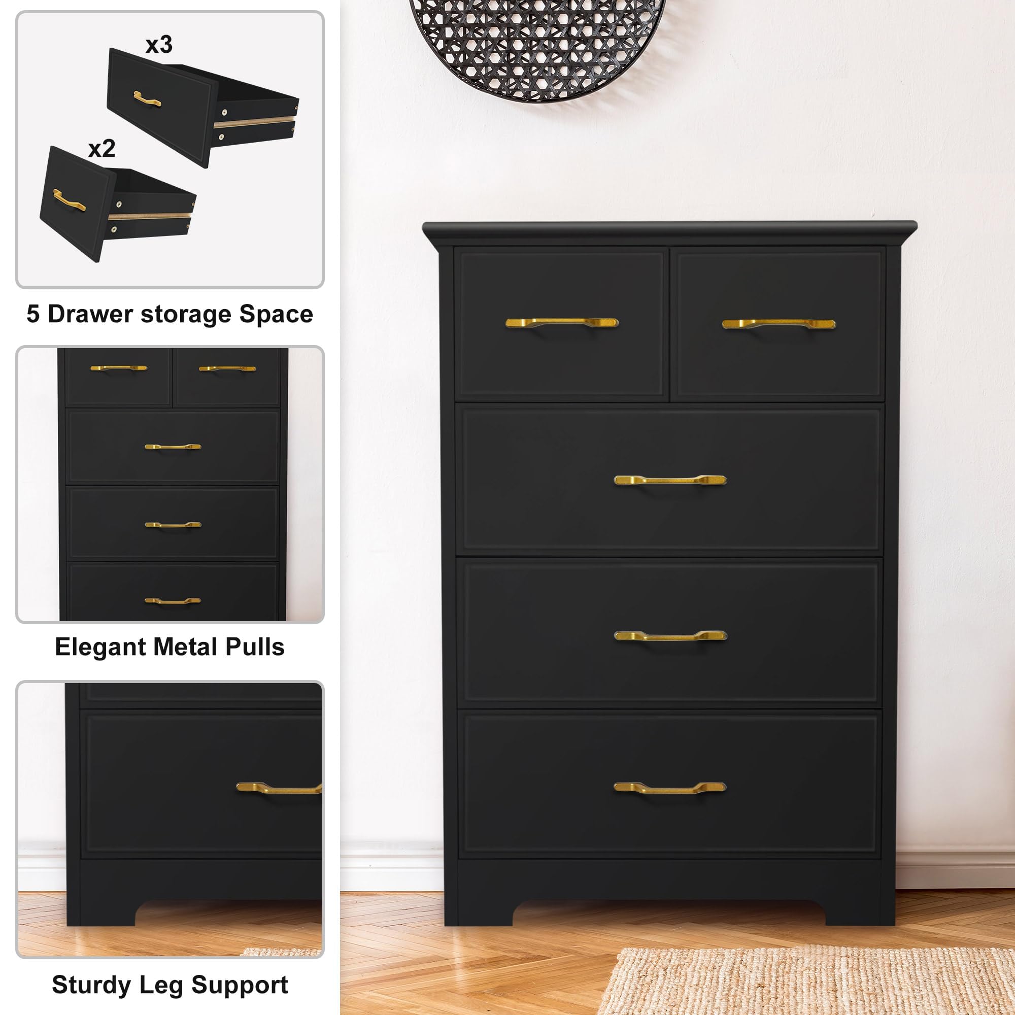 NEDYO 5 Drawer Accent Cabinet, Modern Tall Chest, Wooden Storage Organizer Cabinet fo Living Room, Hallway, Entryway, Office. Black