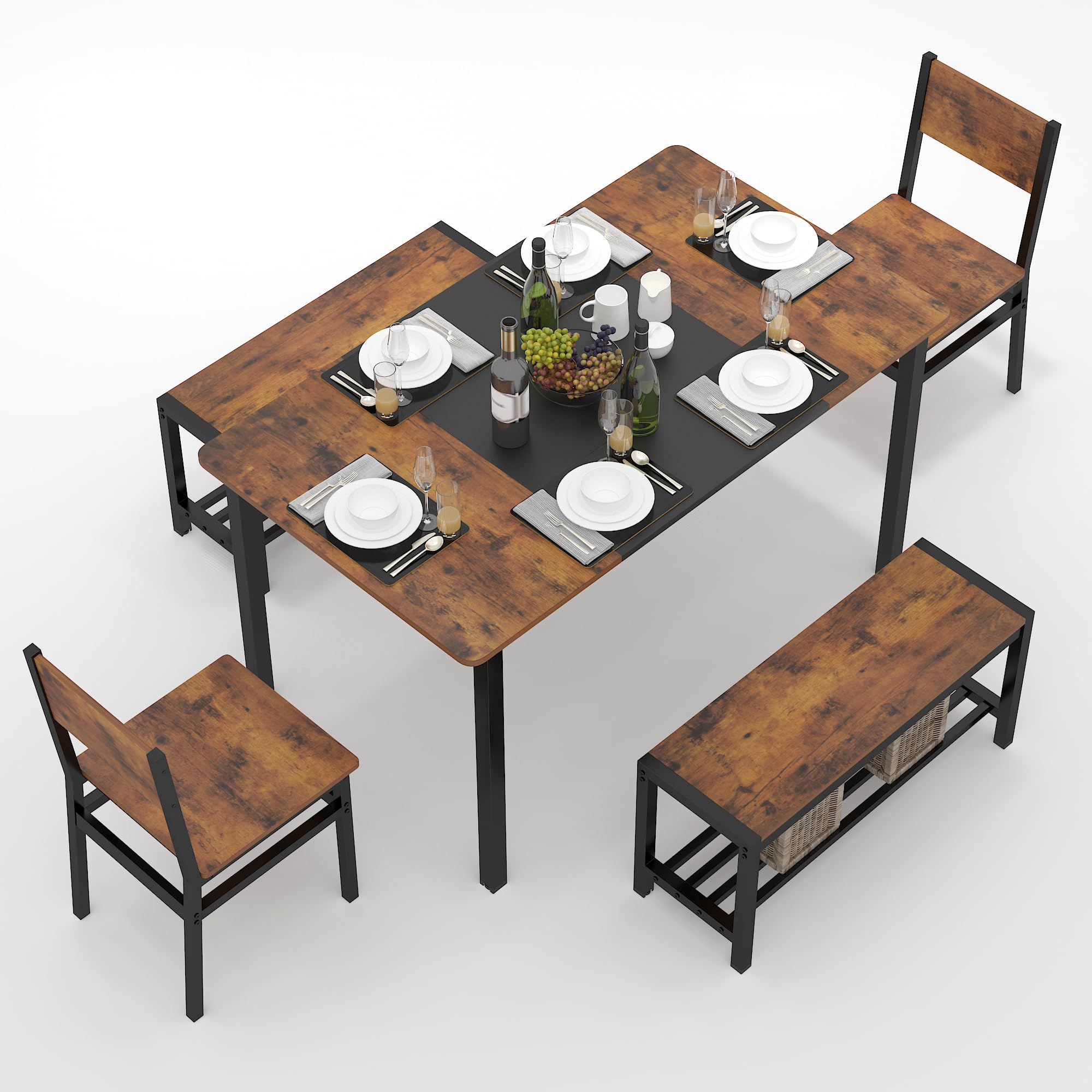 Industrial Dining Table Set with Benches & Chairs