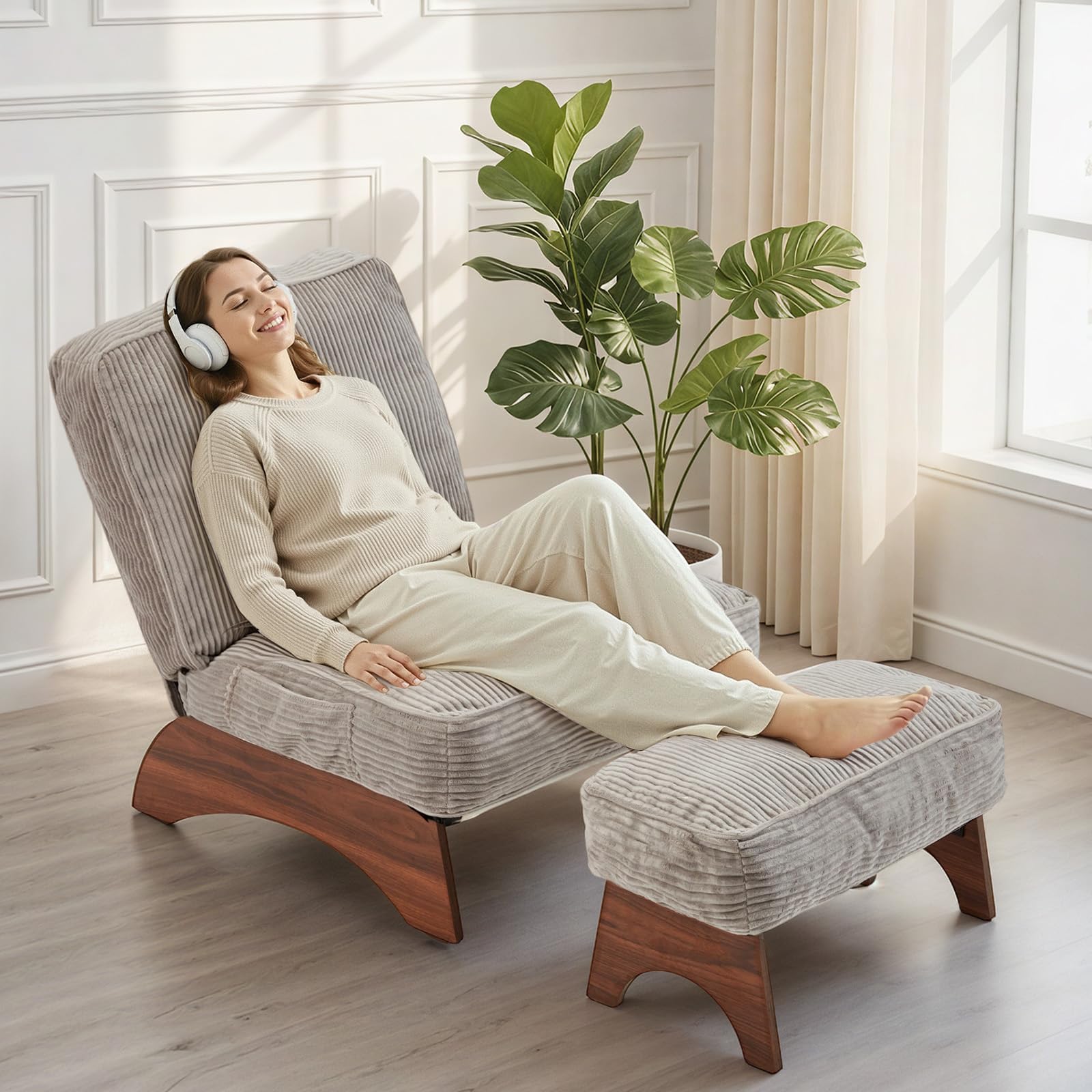 Corduroy Accent Chair with Ottoman & Adjustable Backrest