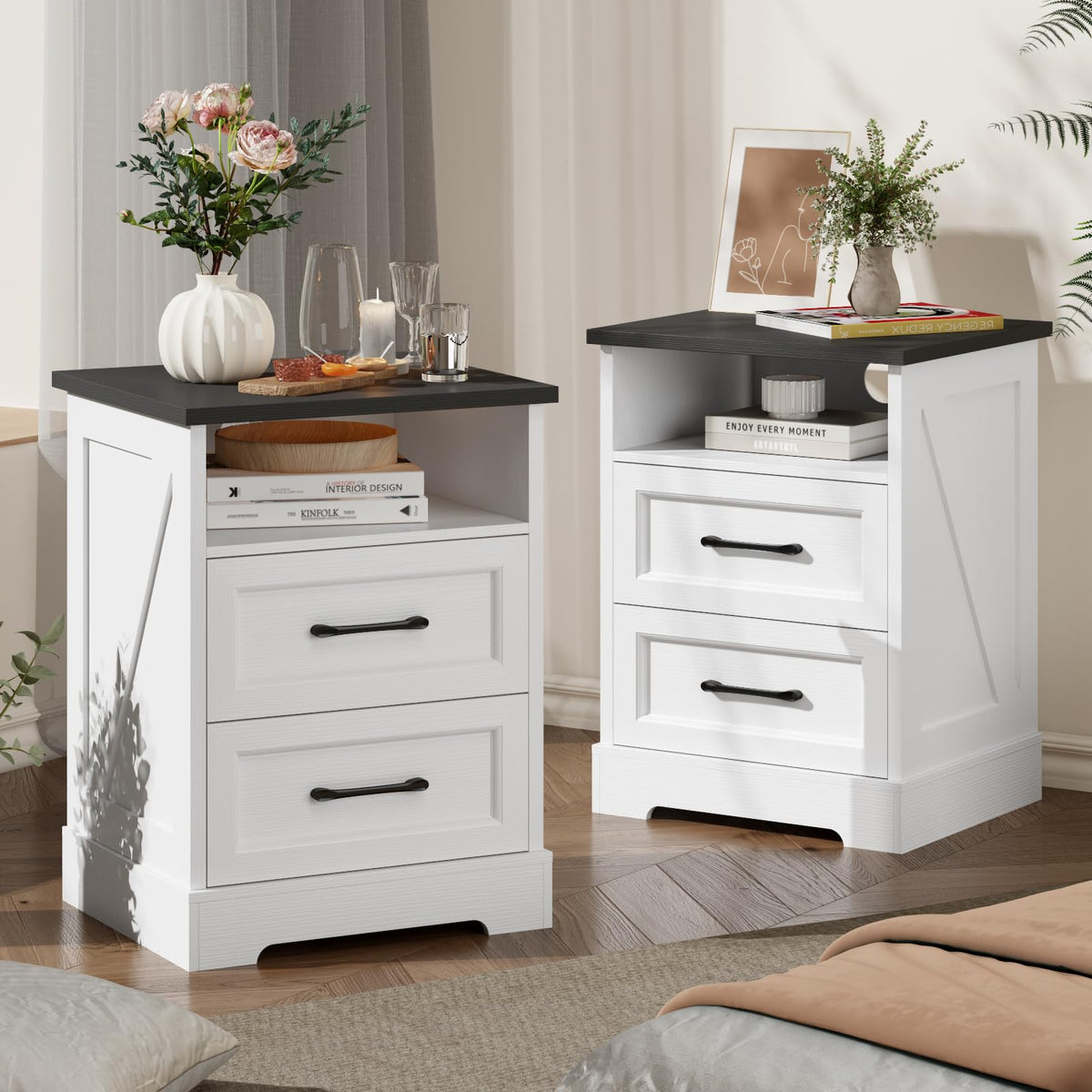 White Farmhouse Nightstands, Set of 2