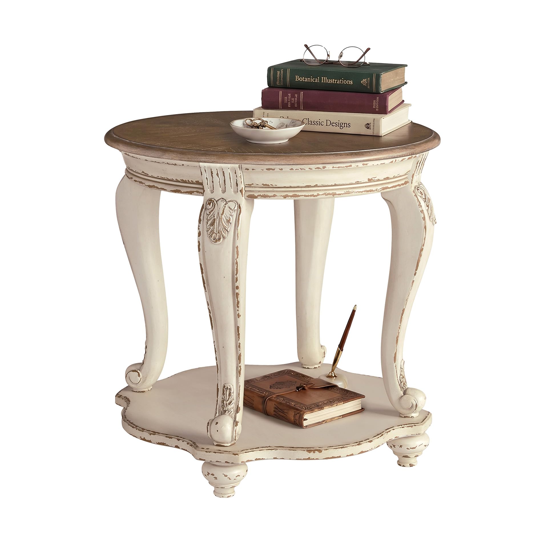 Signature Design by Ashley Realyn Round End Table, Cottage-Style Side Table with Antiqued Two-Tone Finish, Wood & Veneer Construction for Living Room or Bedroom, White/Brown