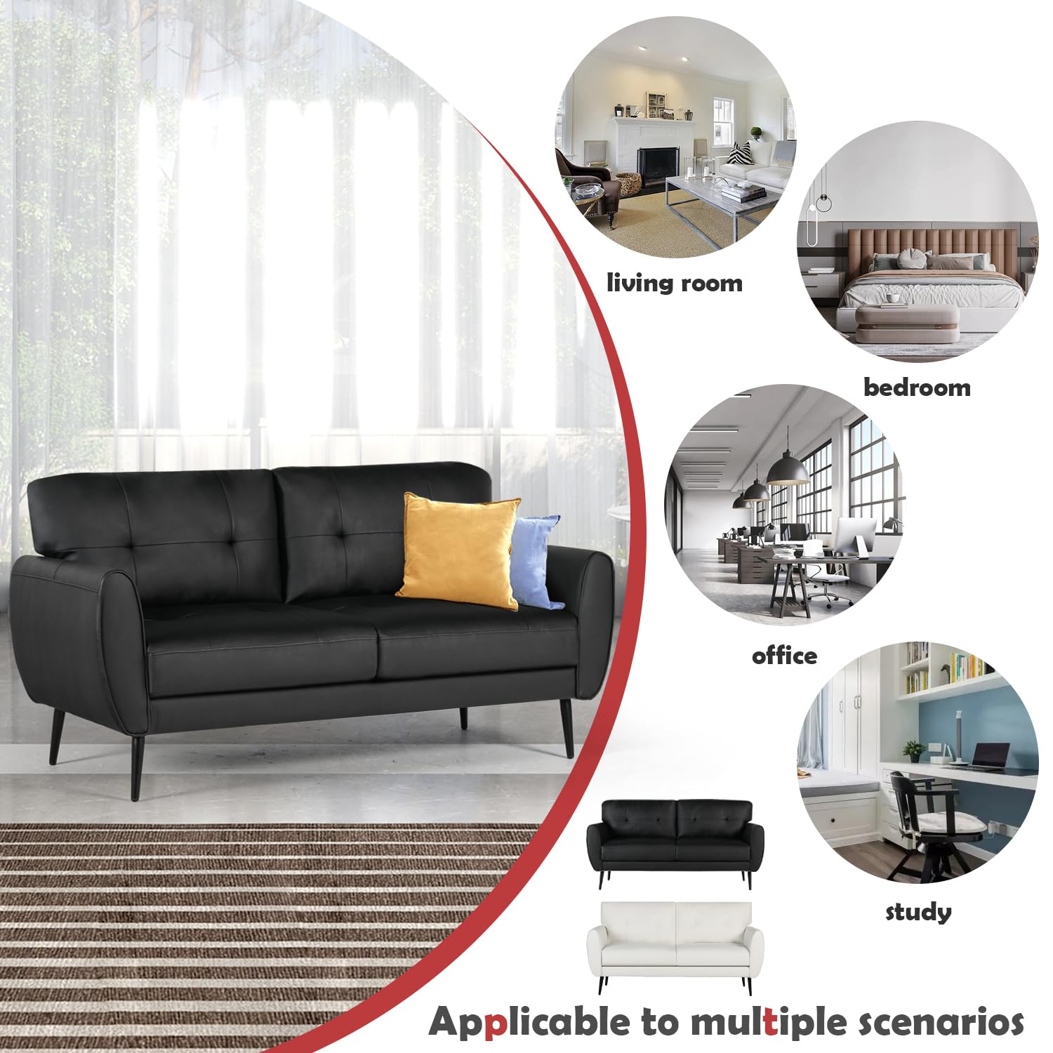 VAMEPOLE 60" Loveseat Sofa for Living Room, Mid Century Mini Black Couch, Tufted Leather Love Seat Furniture, Comfy Office 2 Seat, Small Couches for Small Spaces, Bedroom, Apartment