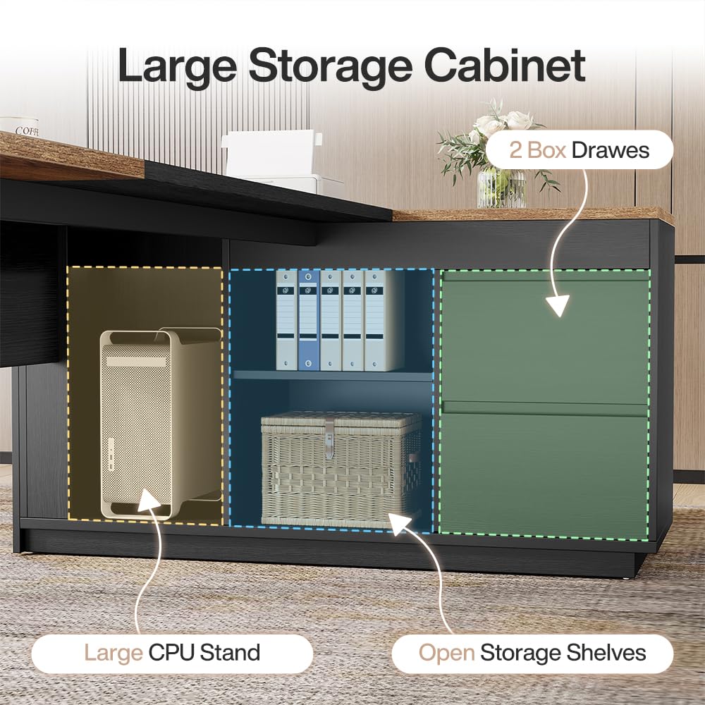 Tribesigns 78" L Shaped Executive Desk with Drawers, Large Office Computer Desk with Cabinet and Storage Shelves, Modern Business Furniture Sets Workstation for Home Office (Brown&Black)
