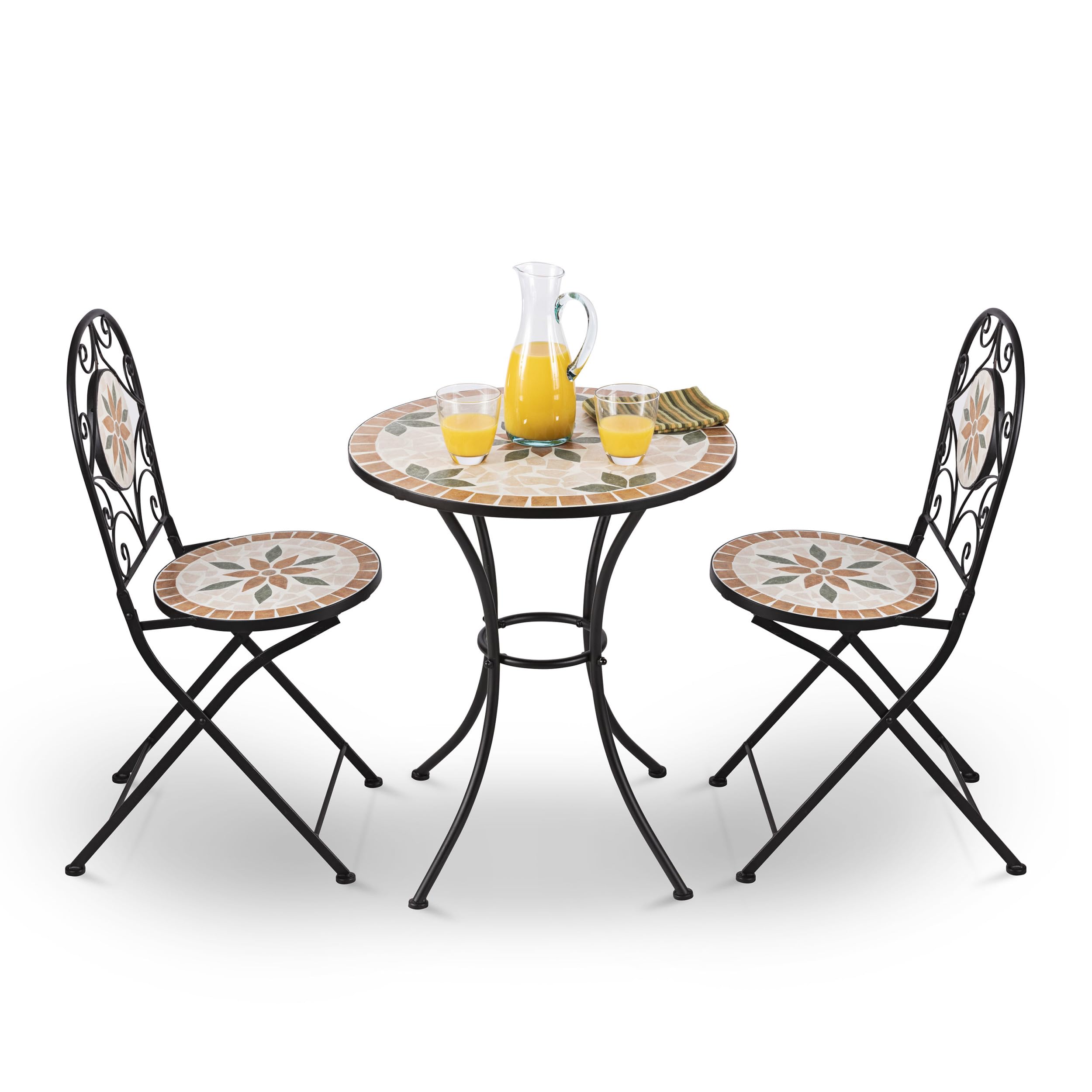 Alpine Corporation Indoor/Outdoor 3-Piece Mosaic Bistro Set Folding Table and Chairs Patio Seating, Tan