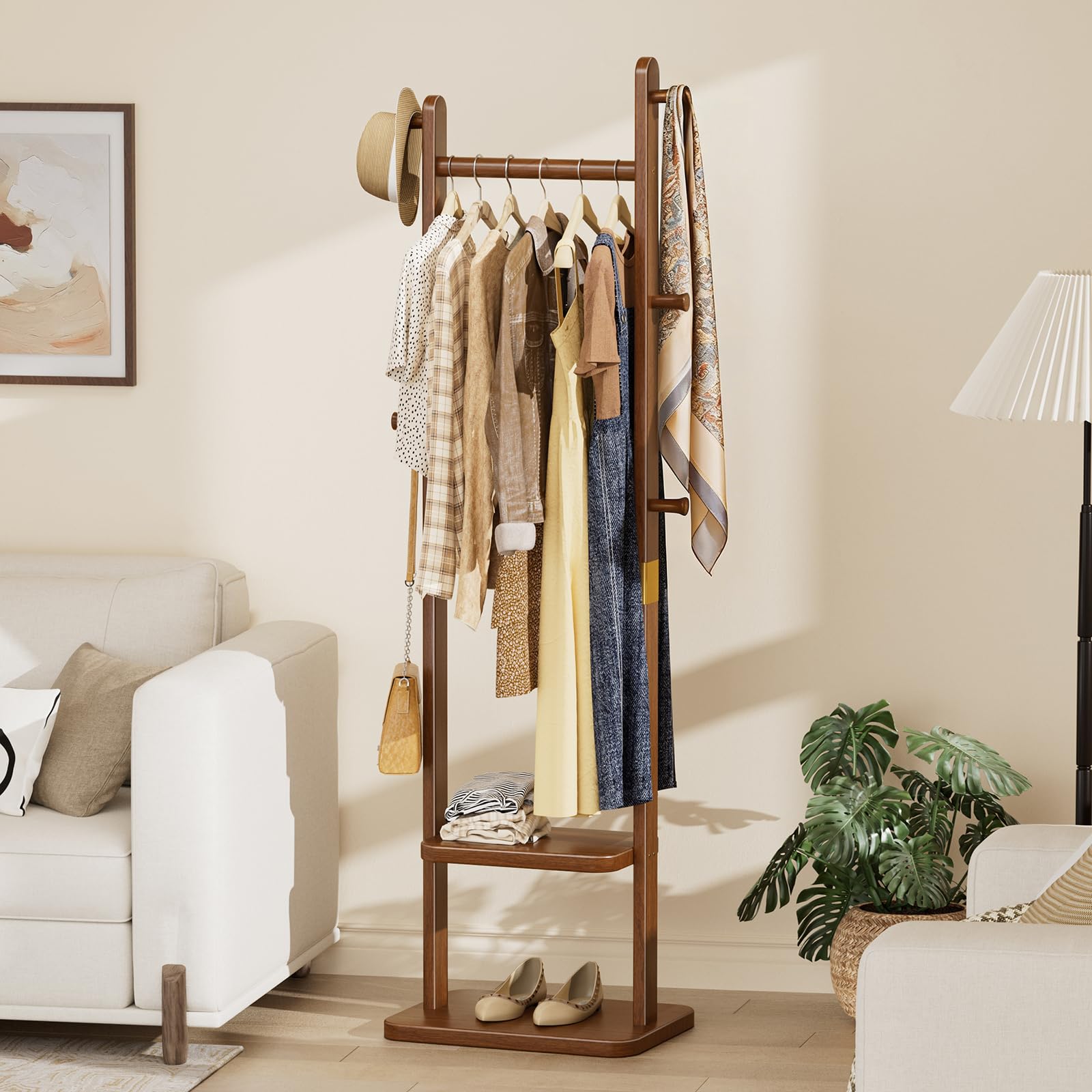 Solid Wood Coat Rack with 2 Shelves & 5 Hooks