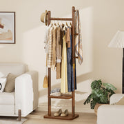 Solid Wood Coat Rack with 2 Shelves & 5 Hooks