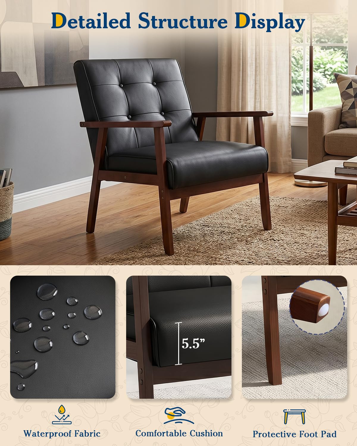 AODAILIHB Black Leather Accent Chairs Set of 2 - Mid Century Modern Armchair with Solid Wood Frame, Comfy Upholstered Reading Chair for Living Room, Office, Waiting Room