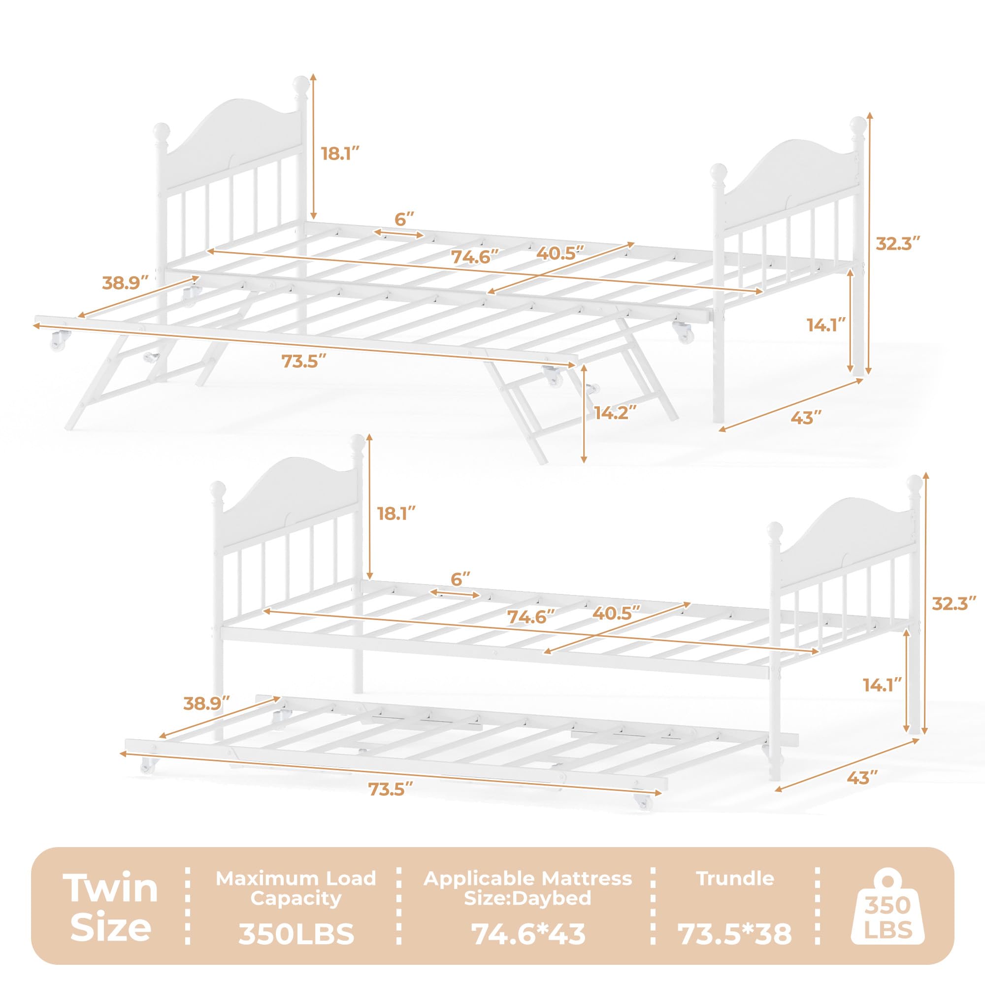 Daybed with Trundle, Metal Twin Size Day Bed with Stylish Headboard, Sofa BedFrame with Pop Up Foldable Trundle Bed, Heavy Duty Steel Slats Platform for Living Room, Bedroom and Guest Room, White