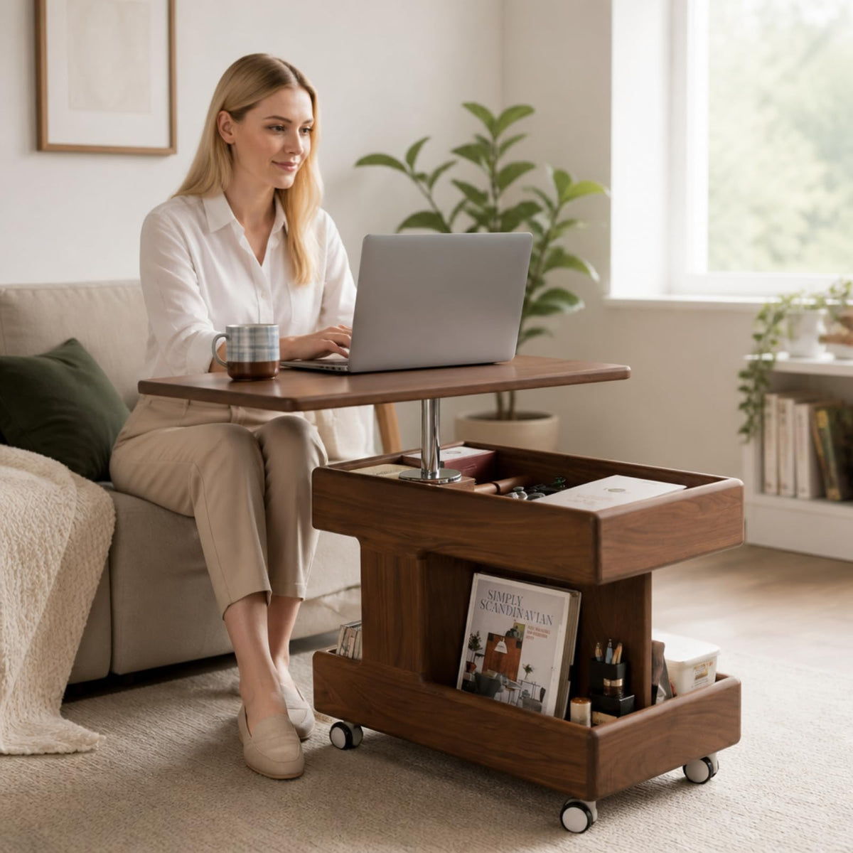 Small Lift Top Coffee Table with Wheels, Solid Wood Table with Storage