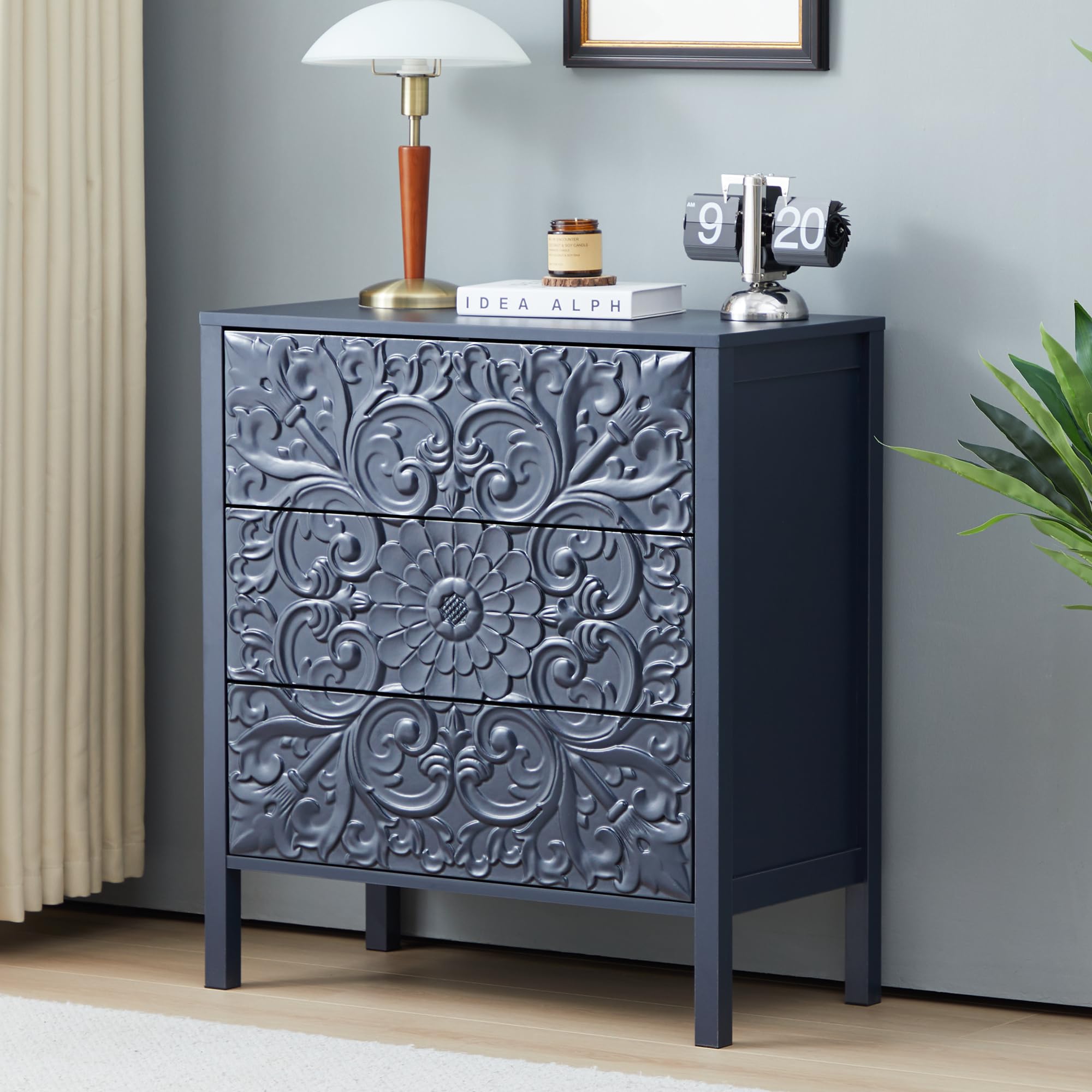 weselon 3 Drawer Flower Motif Dresser, Accent Dresser Chest with 3 Drawers, Luxury Nightstands Set of 2 for Bedroom, Small Wide Nightstand for Living Room, Bedroom, Entryway (2, Gray Blue)