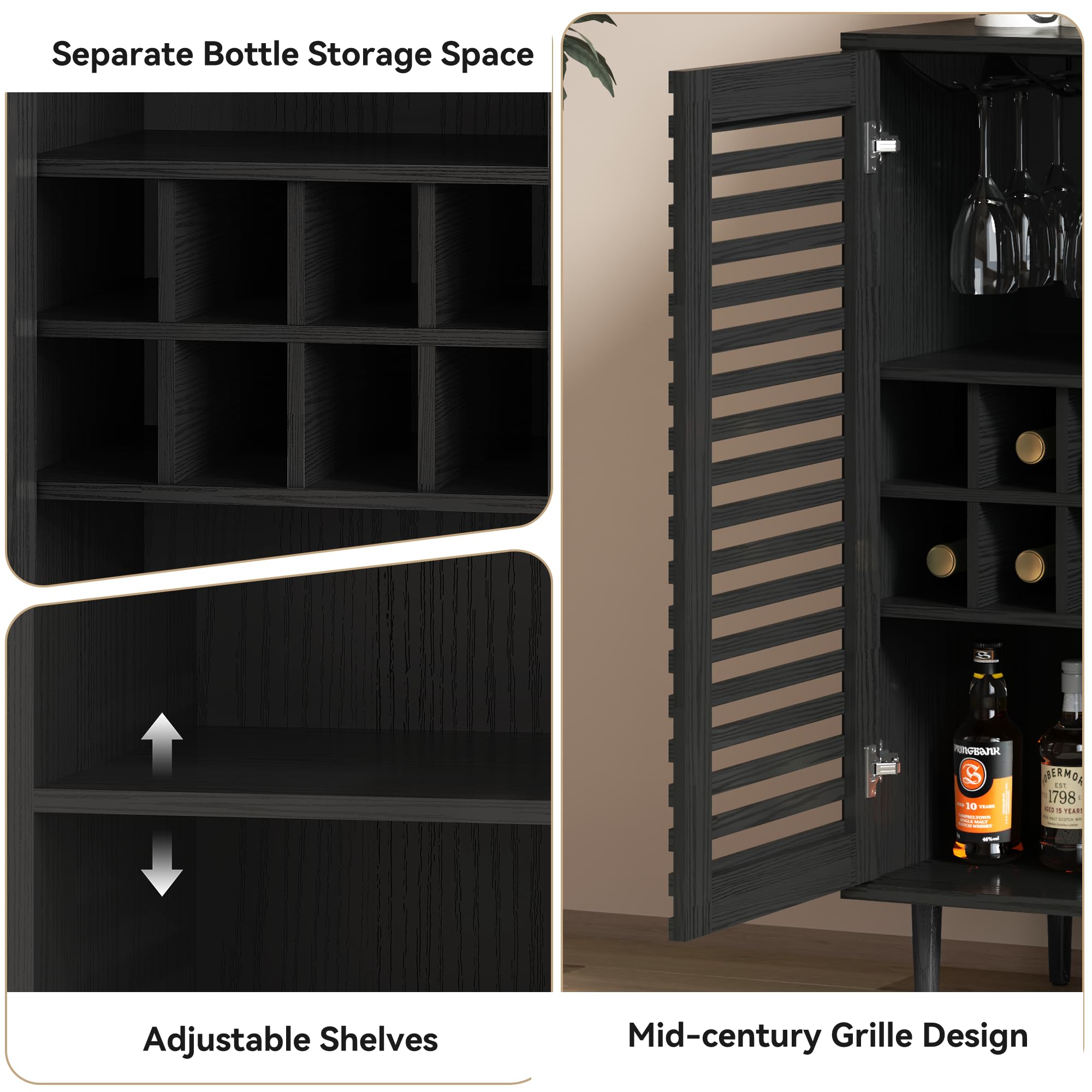 ZOSQUARE Mid Century Bar Cabinet with Wine Racks, Modern Liquor Cabinet with Slatted Doors for Dining Room, Living Room (Black)