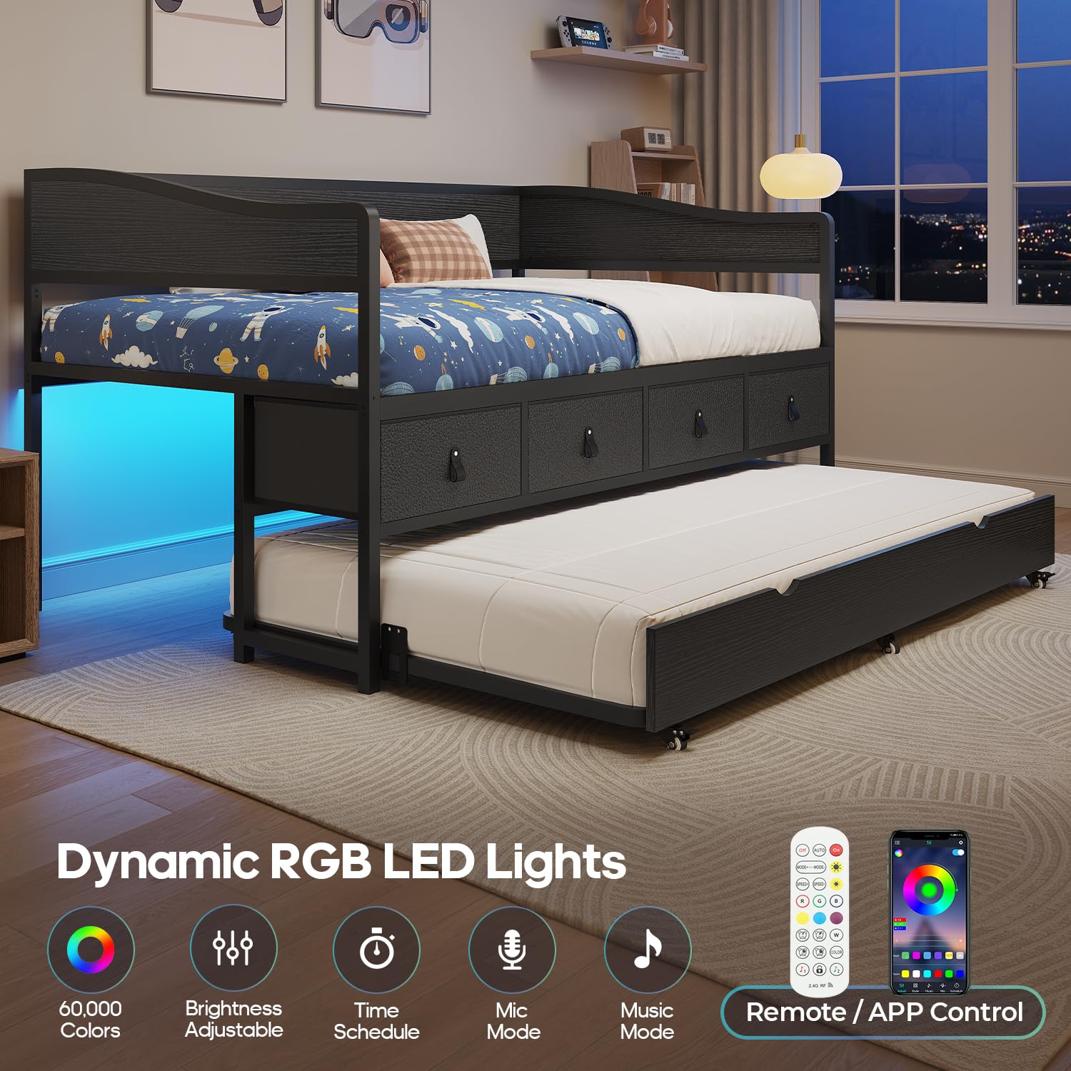 ADORNEVE Twin Daybed with Trundle, Metal Trundle Bed Twin with 4 Storage Drawers and LED Light, Sofa Day Bed Frame with Strong Supports for Living Room, Bedroom and Guest Room, Black
