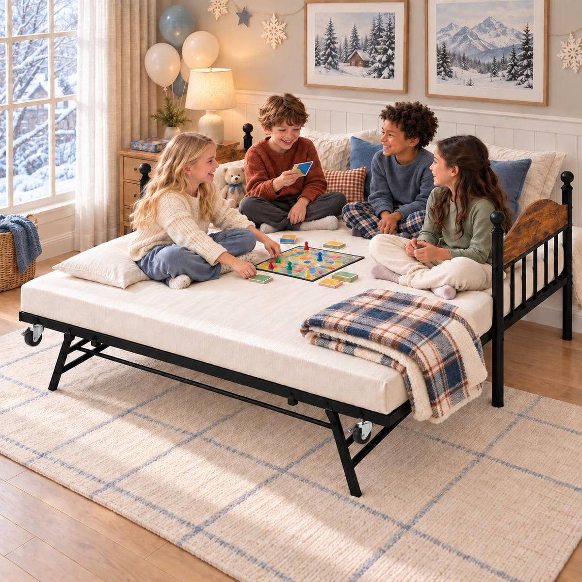 IDEALHOUSE Twin Daybed with Trundle, Foldable Pop Up Metal Twin Bed Frame