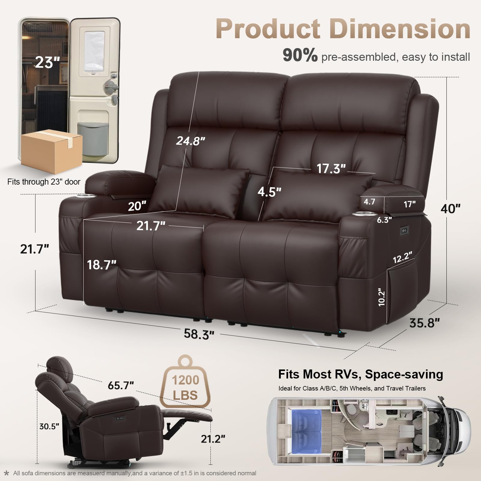 Aotolo Power Reclining Loveseat with Massage & Heat,Wall Hugger Home Theater Seating with LED Lights,USB & Type-C Ports, Ideal for RV, Home Theater and Living Room,Brown,2 Seats