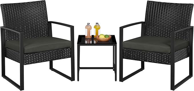 3-Piece Rattan Bistro Set with Tempered Glass Coffee Table