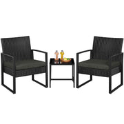 Yaheetech 3 Pieces Rattan Bistro Set, Indoor/Outdoor Wicker Patio Modern Conversation Furniture, 2 Chairs & Tempered Glass Coffee Table for Garden, Balcony, Backyard, Poolside, Black/Gray