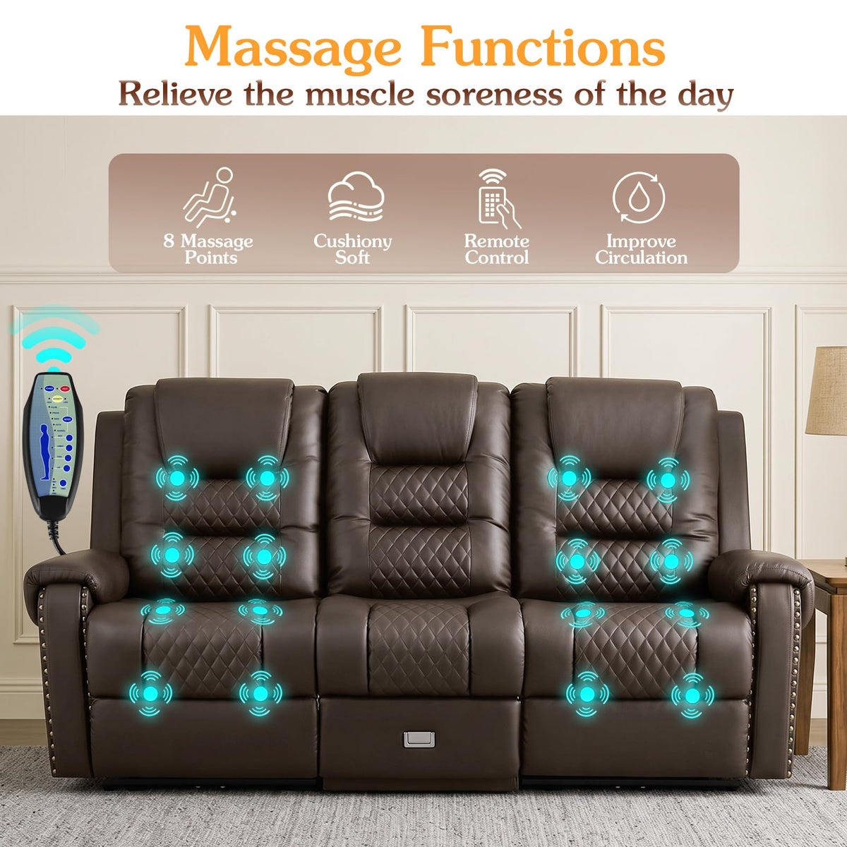 3 Seat Power Loveseat Recliner Sofa, Home Theater Seating with Massage Heat