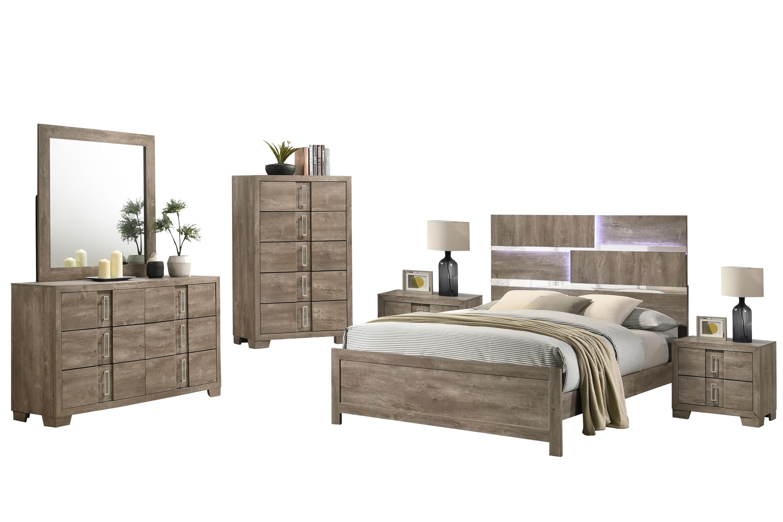 Farmhouse 6-Piece Bedroom Set with LED Headboard