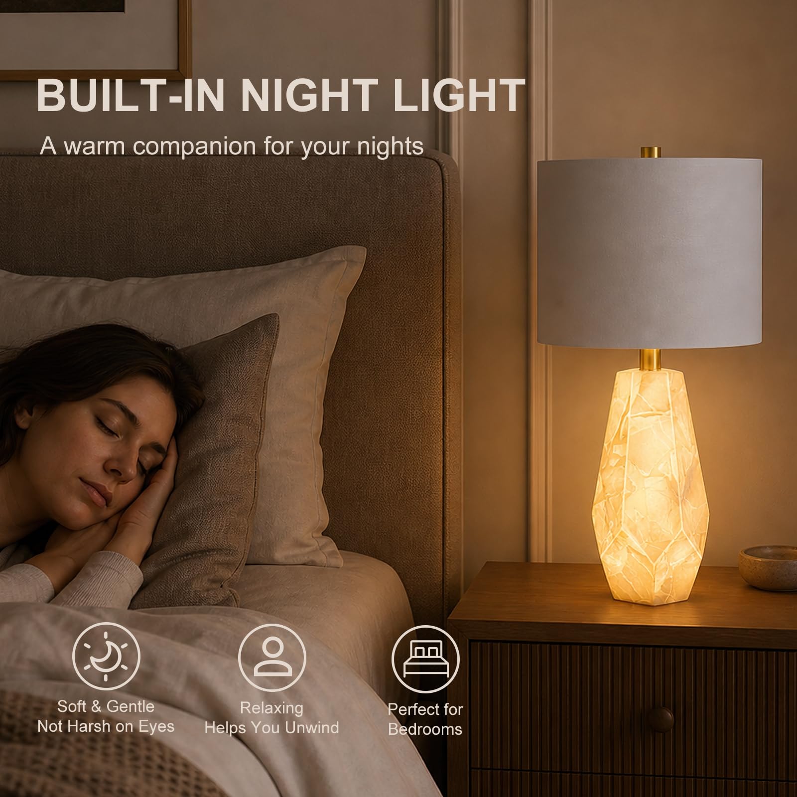 Scenekoy 23" Alabaster Living Room Table Lamp Set of 2 with Night Light, Rotary Switch, Modern Table Lamps with Linen Shade for Bedroom, Living Room, Bedside, Nightstand (Bulb Included)