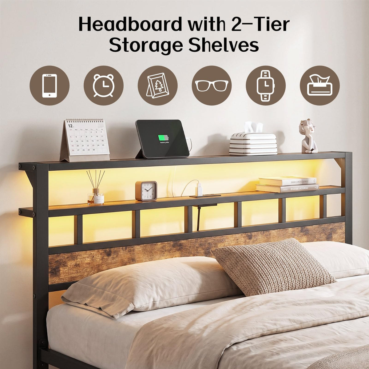 Insdiy King Bed Frame with Charging Station and LED, Metal Platform Bed