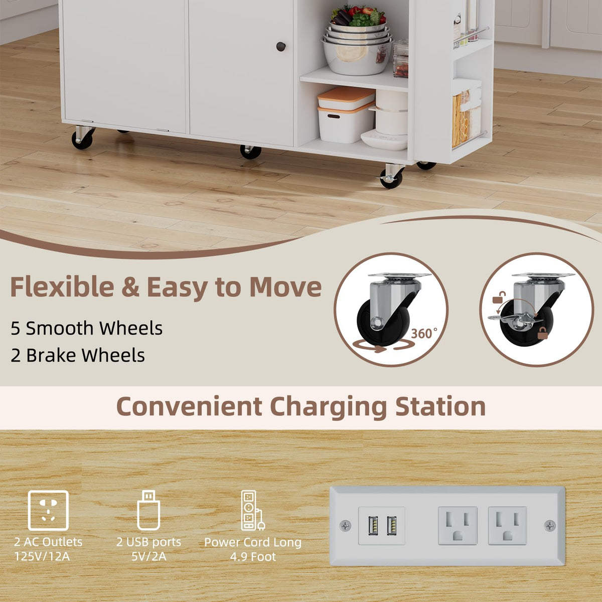 OAKANDO 60" Kitchen Island cart with Storage，Kitchen Island with Folding Drop Leaf & Power Outlet-Rolling,Towel Rack, 2 Drawers-Island Table for Kitchen with Trash Storage Cabinet