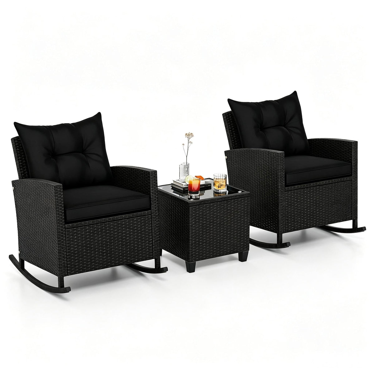 ORALNER 3 Pieces Patio Rocking Chair, Black Wicker Bistro Set (Black)
