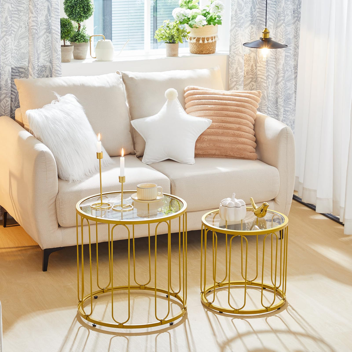 HOOBRO Small Coffee Table Set of 2, Gold Accent End Table with Metal Frame