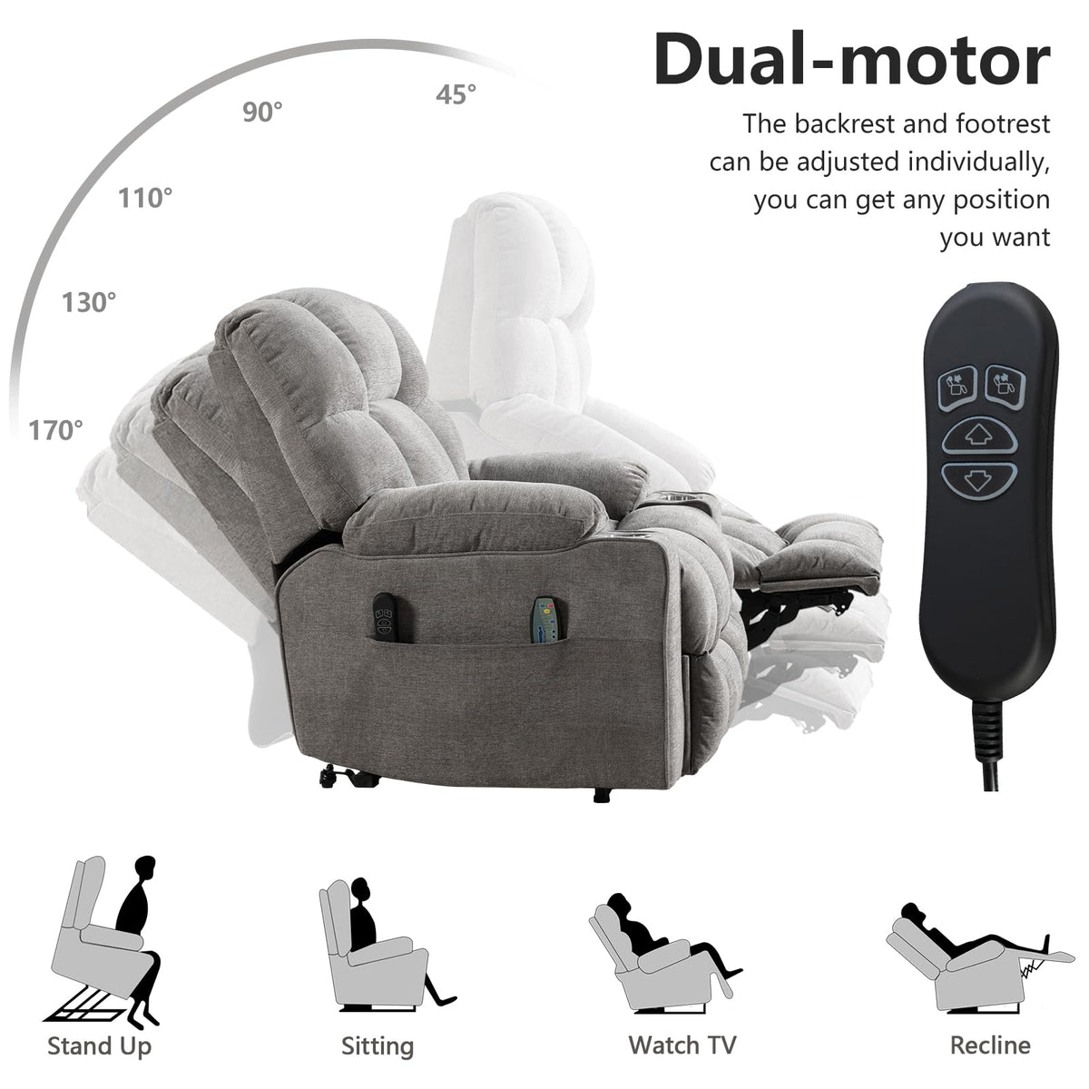 CANMOV Power Lift Recliner Chair for Elderly, Big and Tall Electric Recliner Chair with Massage and Heating, Dual Motor Heavy Duty Lift Recliner with USB Port, Cup Holders, Pockets, Grey