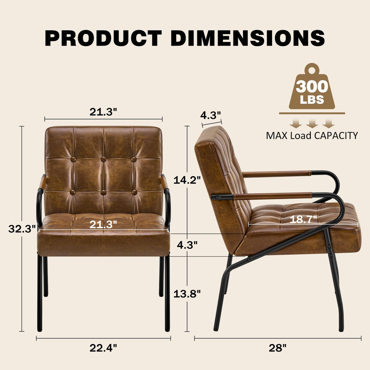 Leather Accent Chairs for Living Room, Mid-Century Modern Reading Chairs for Adults Comfy Lounge with Thick Cushion Metal Frame, 300lbs Capacity, Waiting Room/Bedroom/Home Office, Brown