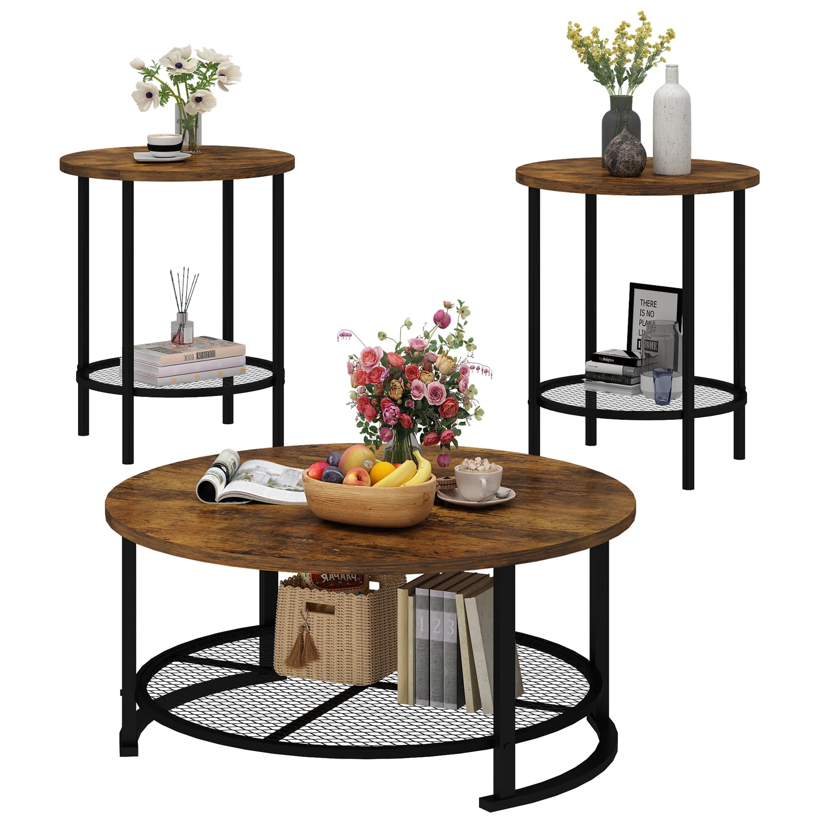 Recaceik Round Coffee Table and End Table Set of 3 with Storage, Modern Vintage Dark Brown Coffee Table and Side Table for Living Room, Office, Apartment, Small Space