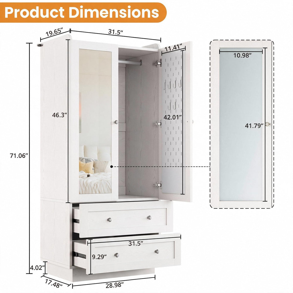 IRONCK Wardrobe Closet with Mirror, Drawers and LED Lights, White