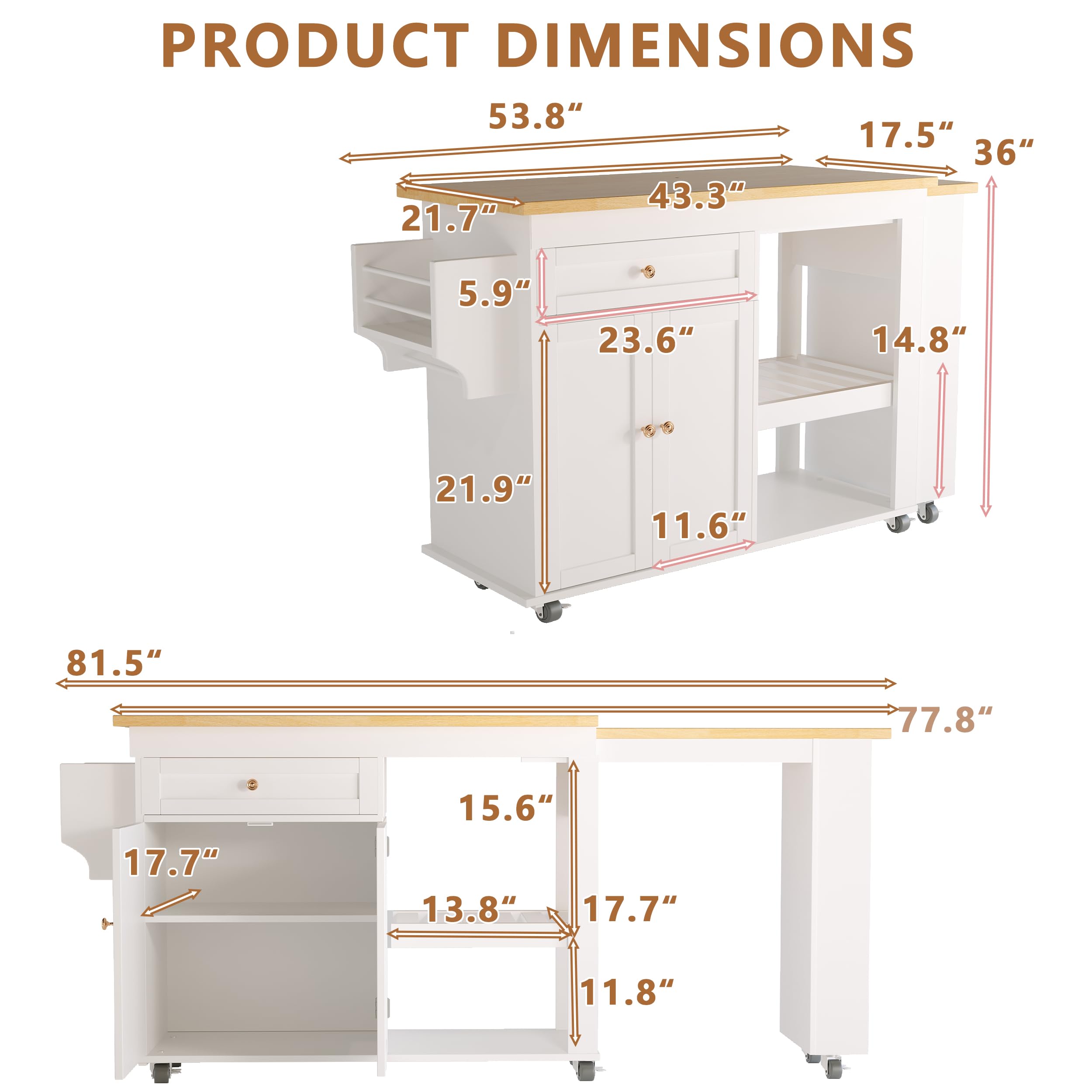 CayugaCrekrd 81.5" Kitchen Island with Extendable Dining Table, Rolling Kitchen Cart on Wheels with Spice Rack, Drawer and Door Cabinet for Dining Room, White
