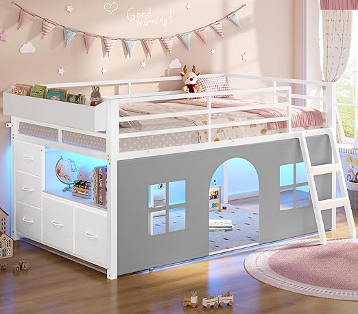 Kids Low Loft Bed with Tent, Storage & LED Lights