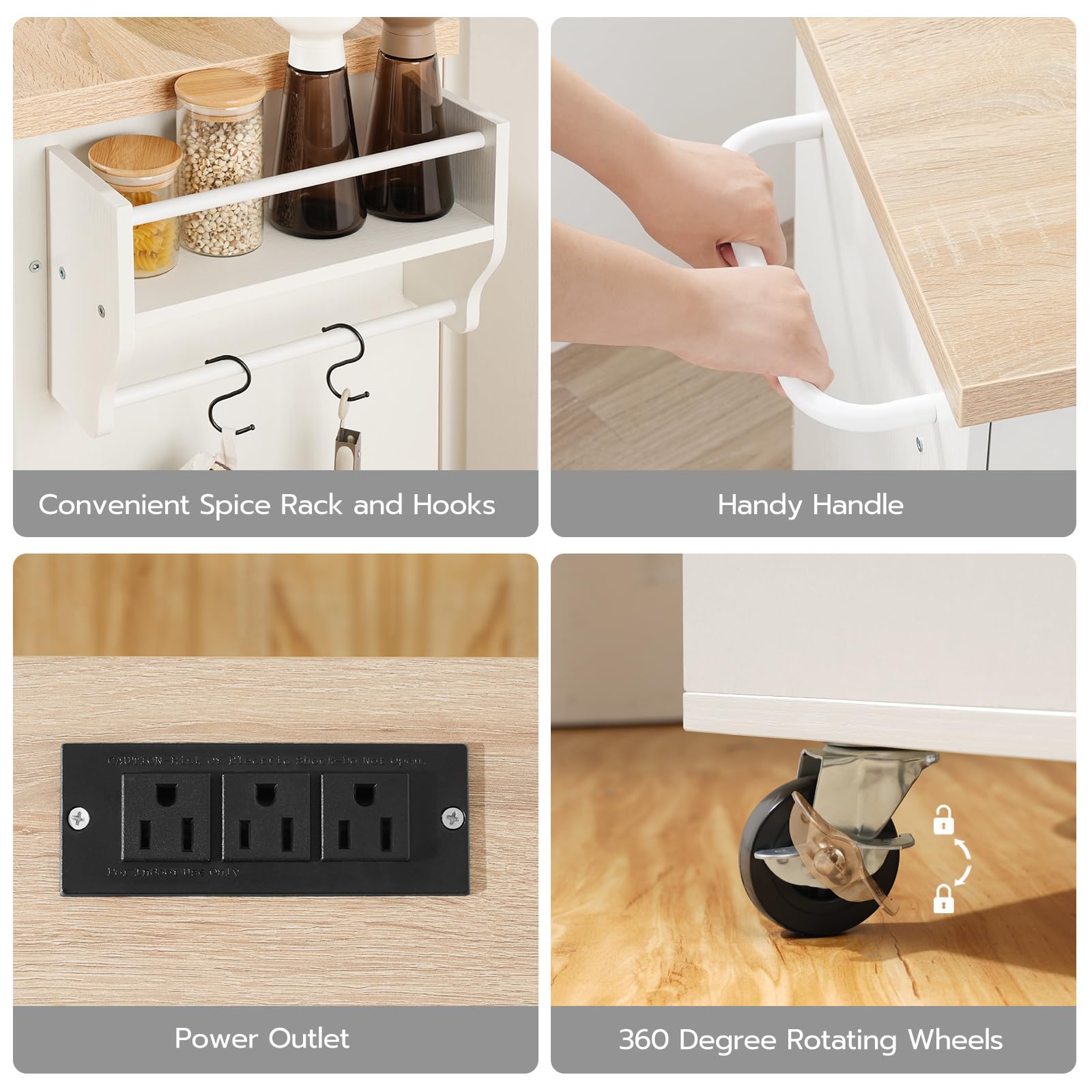 HOOBRO Kitchen Island with Power Outlet, Rolling Kitchen Island with Storage, Kitchen Island Cart with Spice Rack and Hooks, for Dining, Living Room, White and Natural WN11UZD01