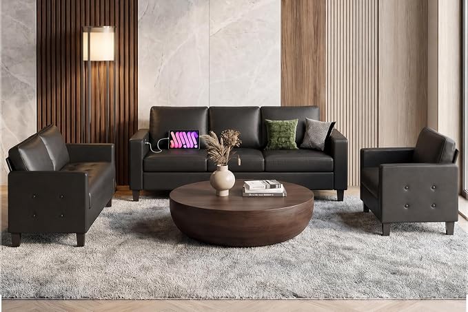 Black Faux Leather Sofa and Chair Set