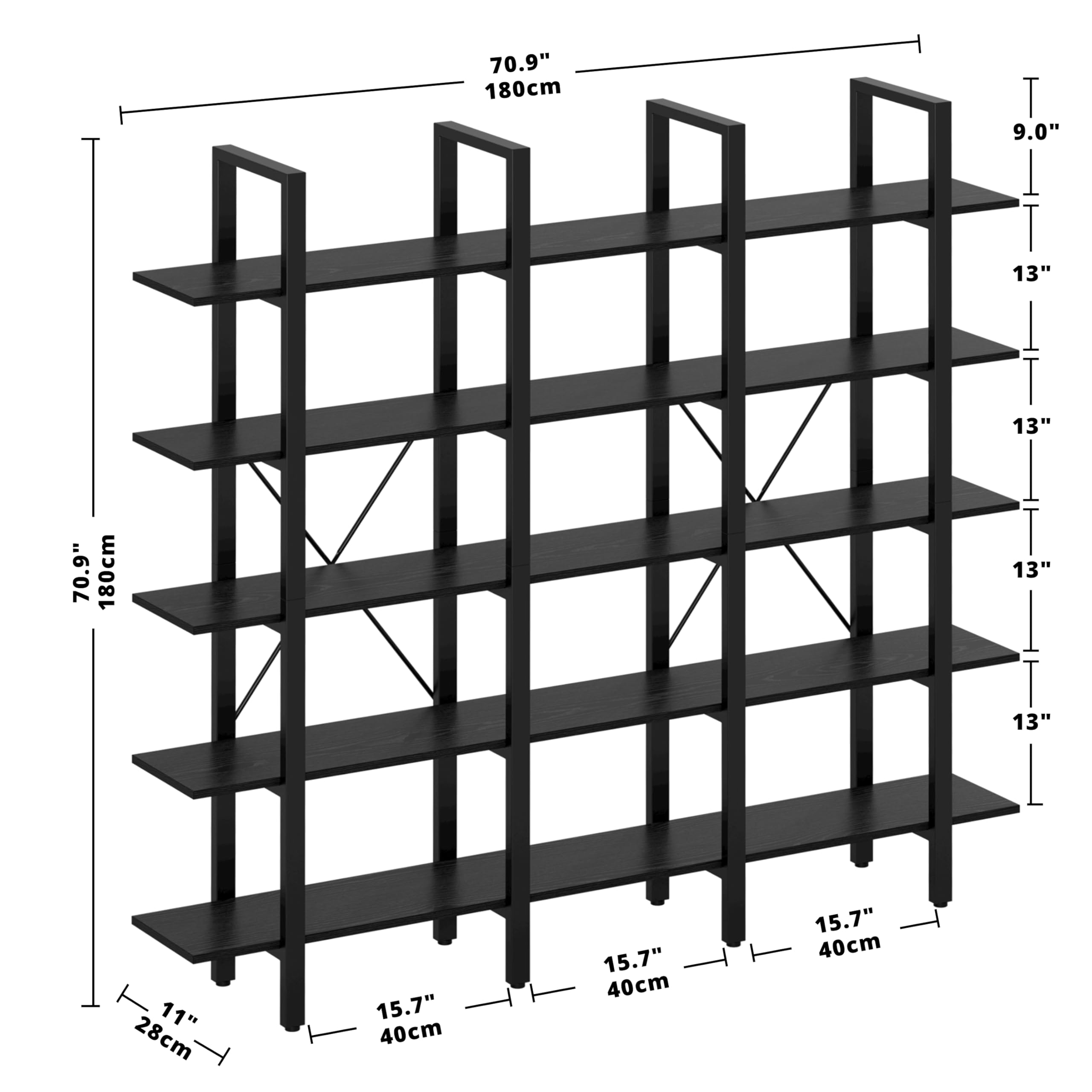 5-Tier Wide Open Bookcase with Metal Frame