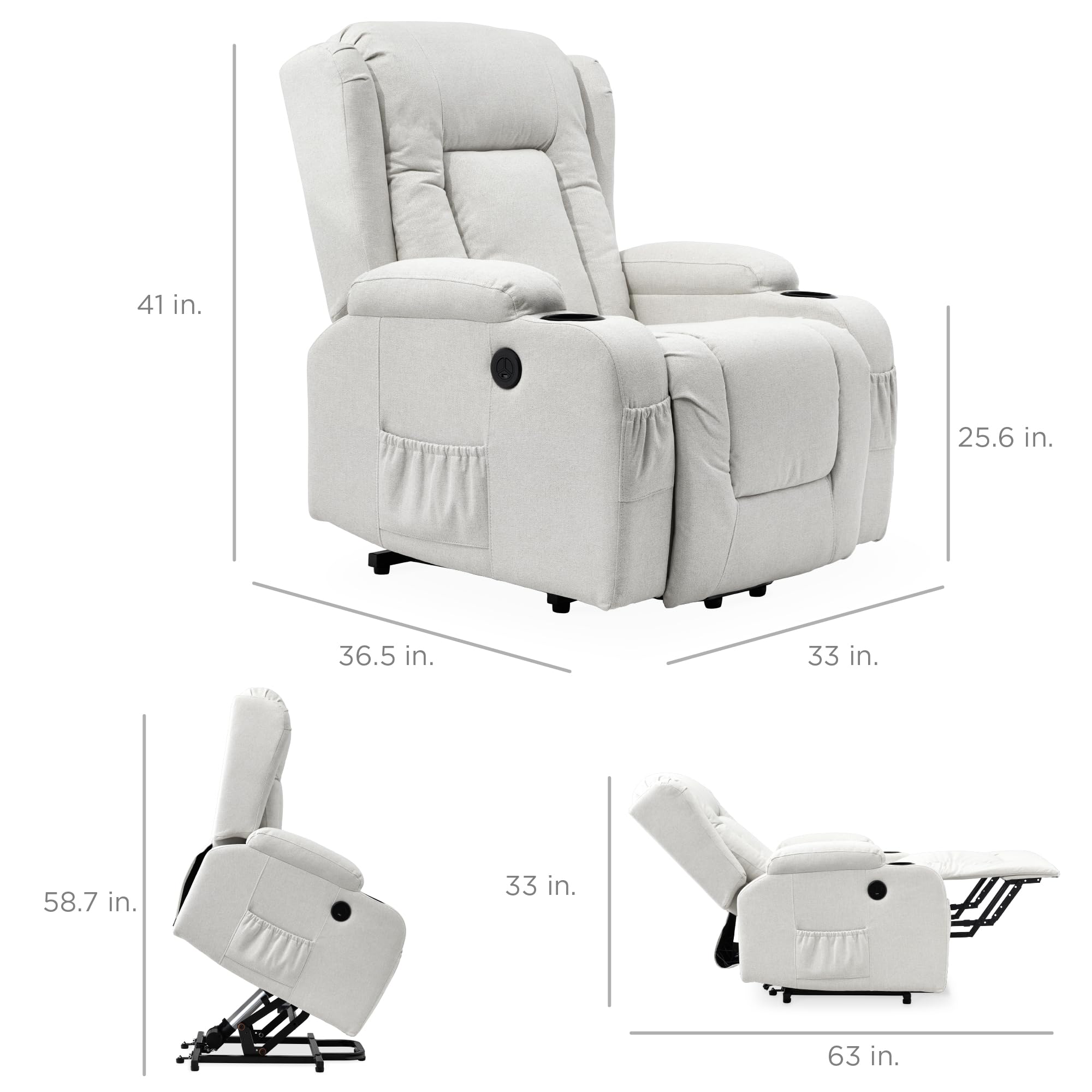 Power Lift Recliner Massage Chair with Heat & Cupholders
