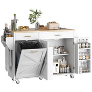 Rolling Kitchen Island Cart with Drop Leaf & Trash Can Storage