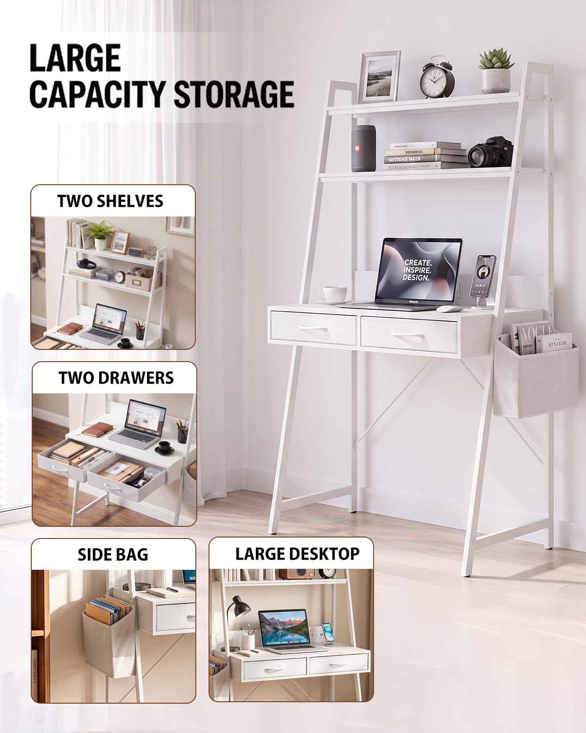 Home Office Desk with Storage and Drawer, Computer Desk with 2-Tier Shelves