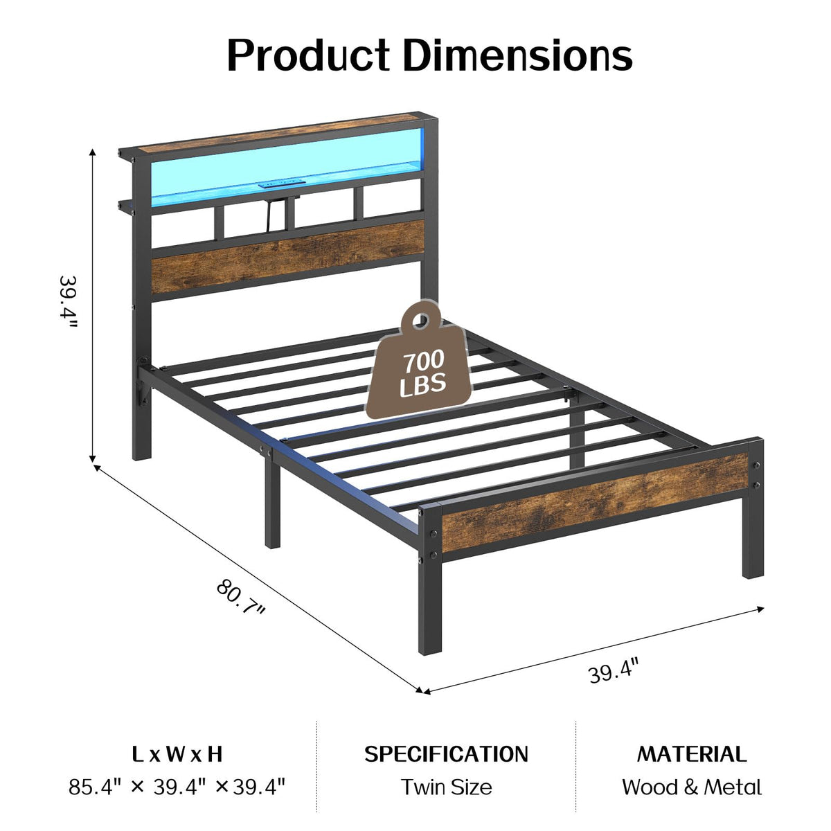 Insdiy Twin Bed Frame with Charging Station and LED, Metal Platform Bed