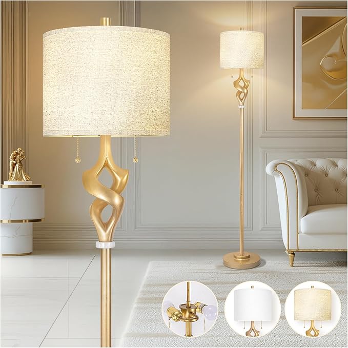 Sculptural Resin Floor Lamp with Linen Shade & Pull Chain Switch