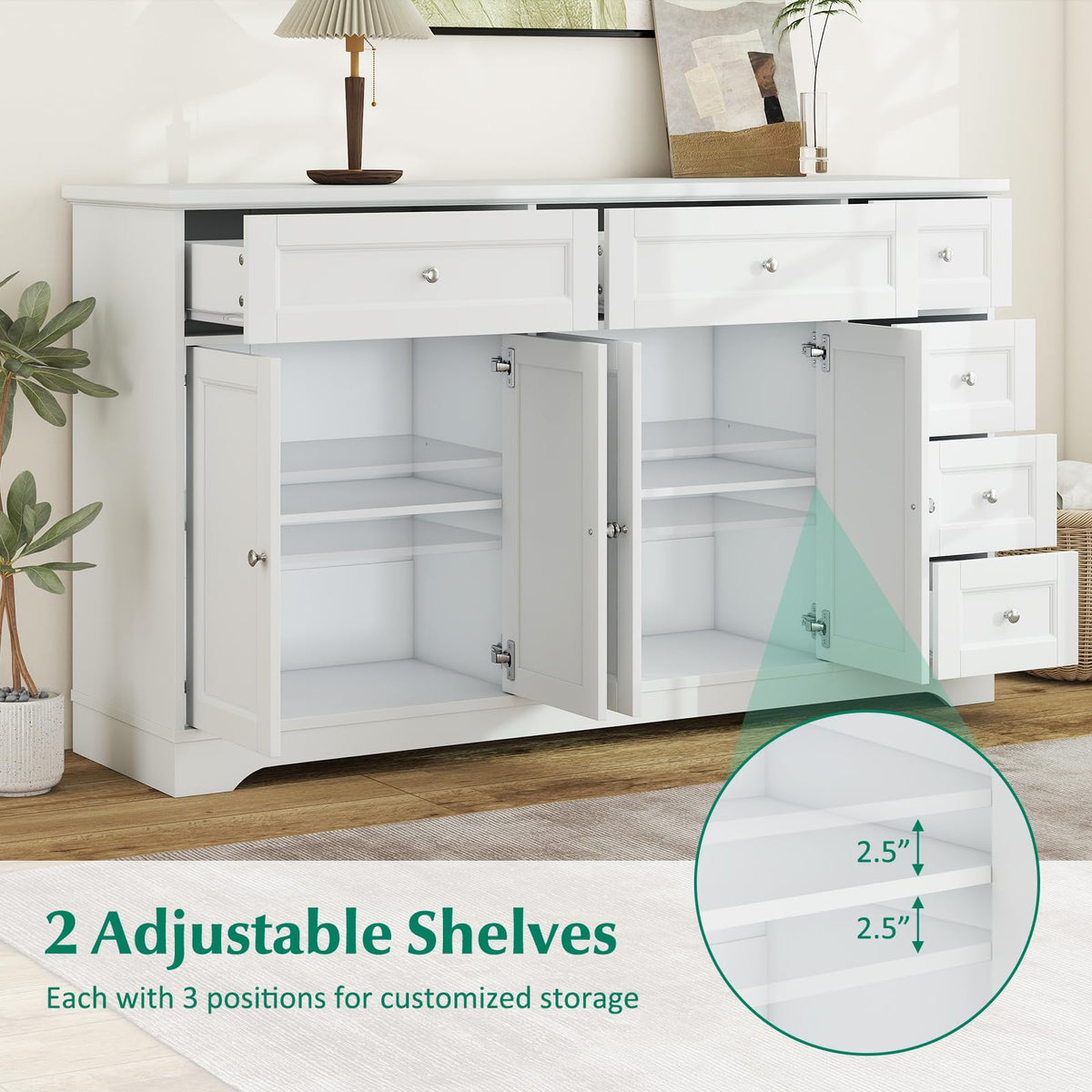 White Buffet Sideboard with 6 Drawers