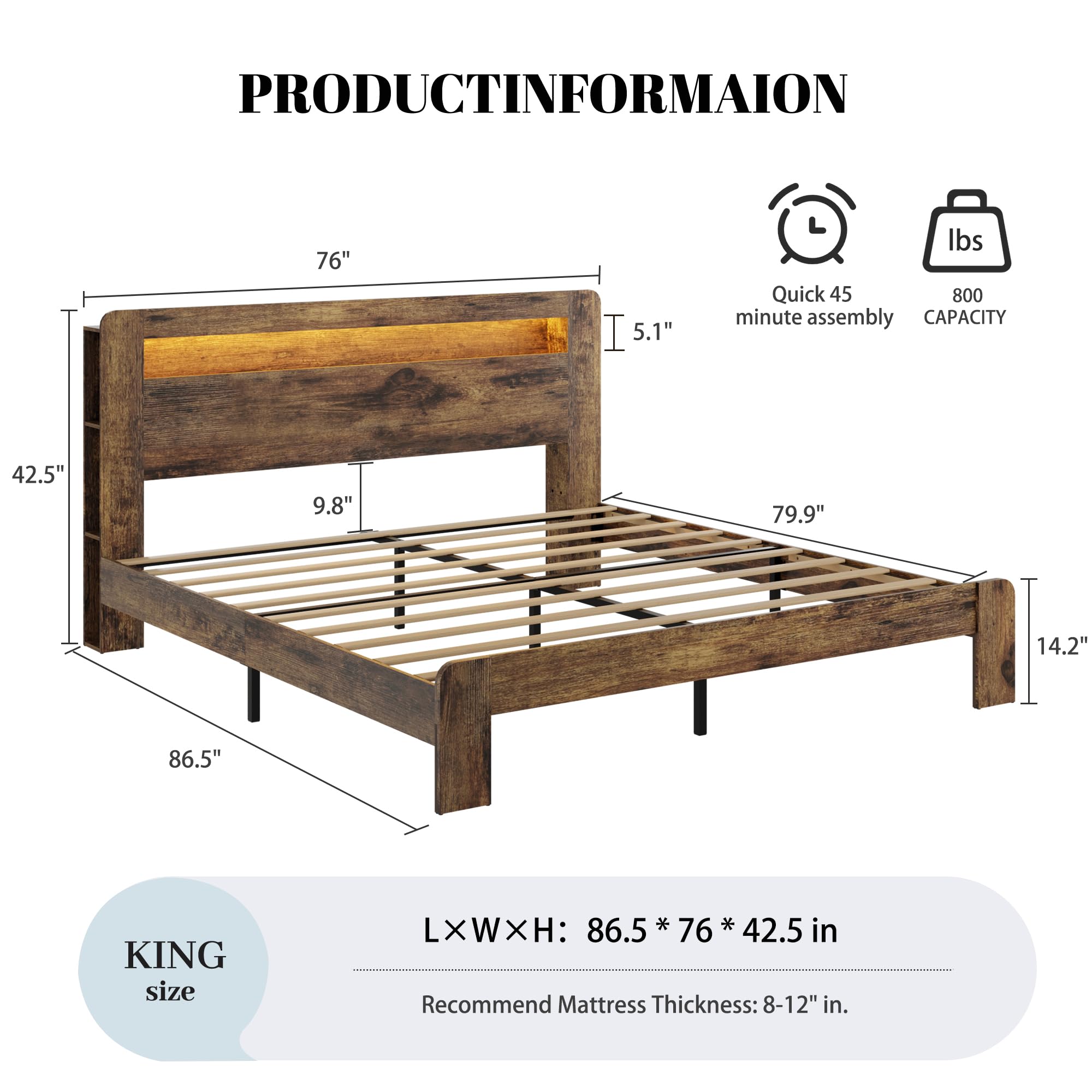 Wooden Platform Bed Frame with Storage Headboard, Charging Station & LED Lights