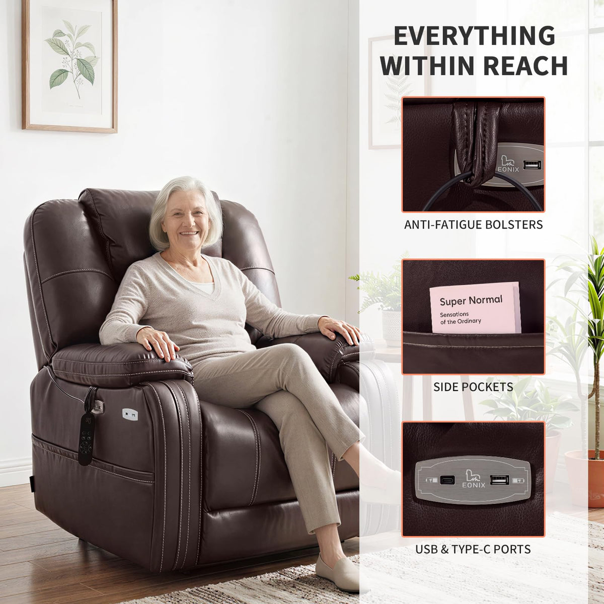 EONIX Triple Motor Power Lift Recliner Chair Elderly, Heat & Massage, Brown