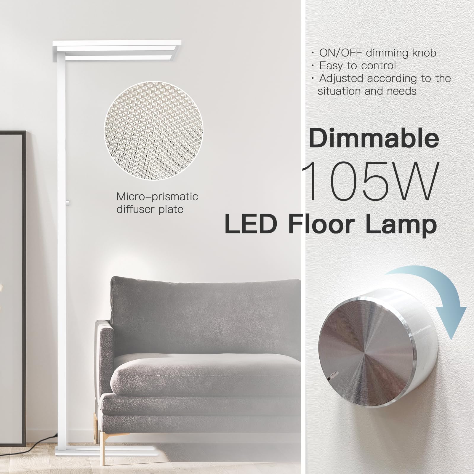 STERREN 76" Led Floor Lamp, 105W White Modern Free-Standing Lamp,11100LM Dimmable Eye-Care Tall Reading Lamp for Reading Study Room,Office,Meeting Room,4000K Natural Daylight