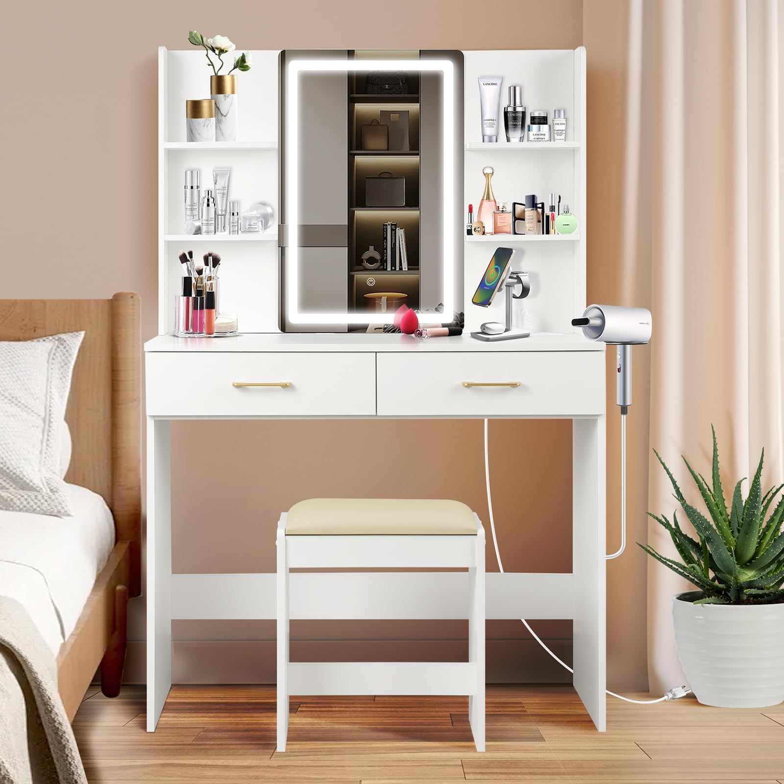 QUALIKRAFT White Vanity Set with LED Mirror & Stool, Makeup Desk with Built-in Power Outlet (2 AC & 2 USB), 2 Large Drawers & 6 Shelves, Lighted Dressing Table for Bedroom Organization