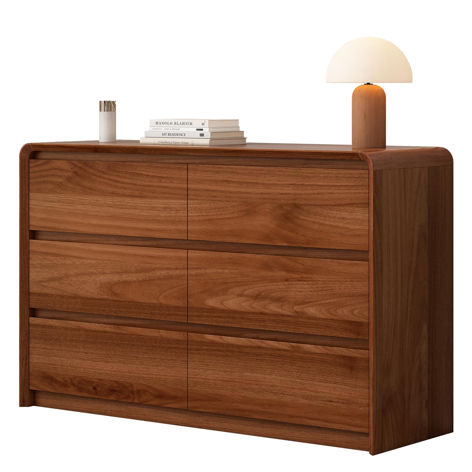 Lazeamo Modern 6 Drawer Dresser Storage Cabinet for Bedroom, Living Room, 47-Inch Wood Chest of Drawers, Curved Anti-Collision Design, Natural Texture.(Walnut)