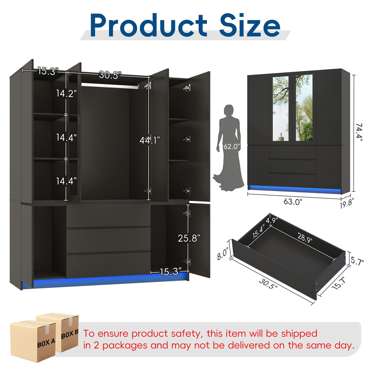 75" Tall Modern Wardrobe Closet with 2 Mirrors,LED Lights, 63"W Armoire Wardrobe Cabinet with 3 Drawers, Hanging Rod,Shelves, Freestanding Bedroom Storage Closet, Wooden Clothing Organizer, Black