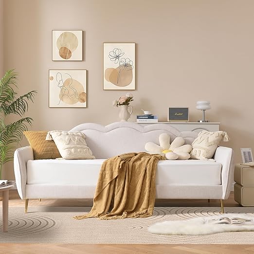 Linen Upholstered Twin Daybed with Cloud-Shaped Backrest & Gold Metal Legs
